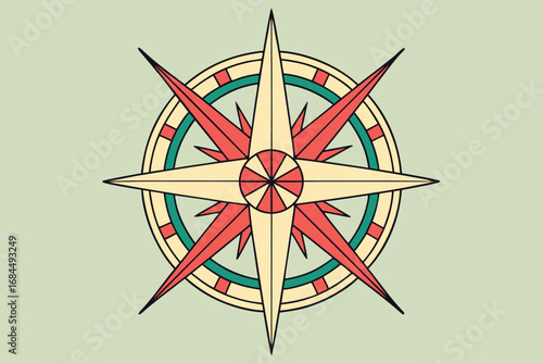 Vintage style compass rose illustration with red and yellow points on green navigation direction
