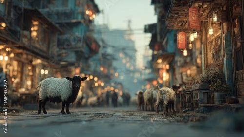 Sheep in a Dimly Lit Fantasy City Street at Dusk