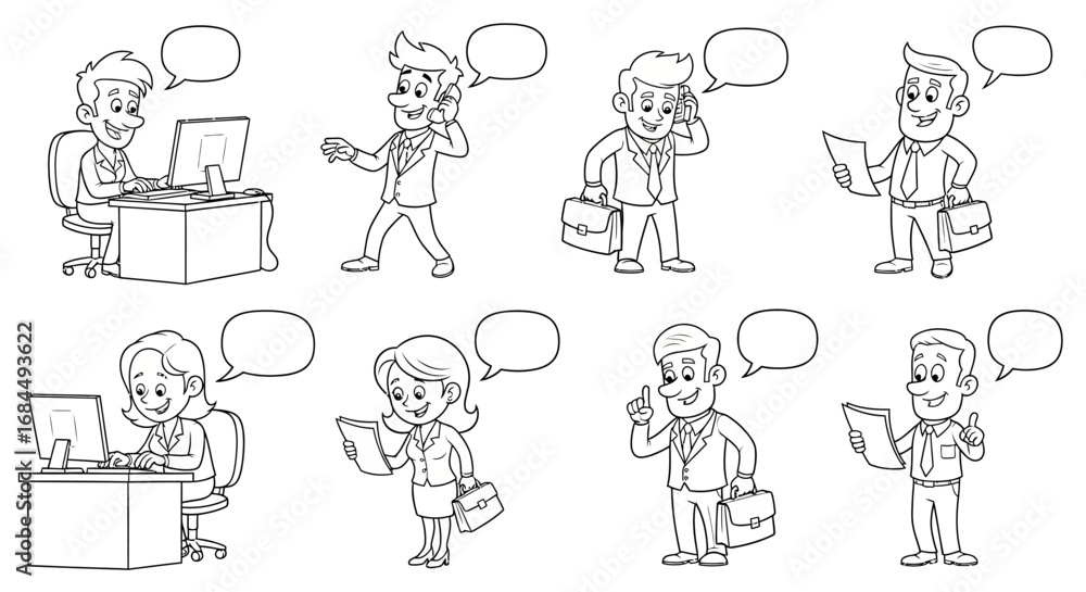 Drawn cartoon characters illustration representing working professionals in office settings Drawn cartoon characters illustration representing working professionals in office settings