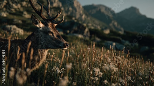 Spotted Deer in Mountain Meadow at Sunrise