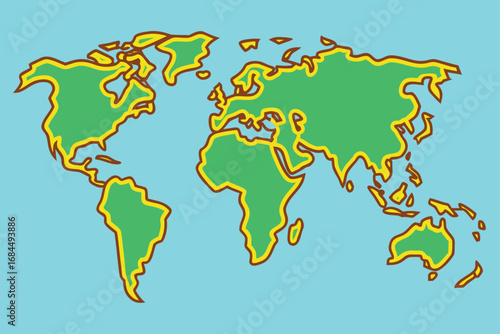 World map with green continents outlined in yellow on a light blue background globe geography