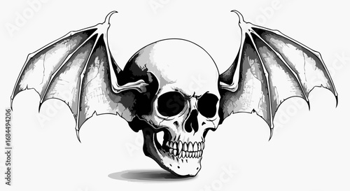 Vector Dark Gothic SVG Illustration of Bat Winged Skull with Monochrome Color Scheme in Minimalist Flat Style for Digital Design