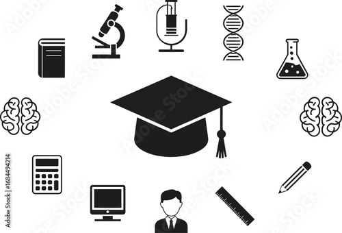 Academic study icon pack, graduation cap science symbol book calculator test tube atom microscope brain teacher symbols, university vector set