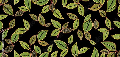 Continuous flowing line art of leaves forming a seamless repeat pattern, backdrop, design