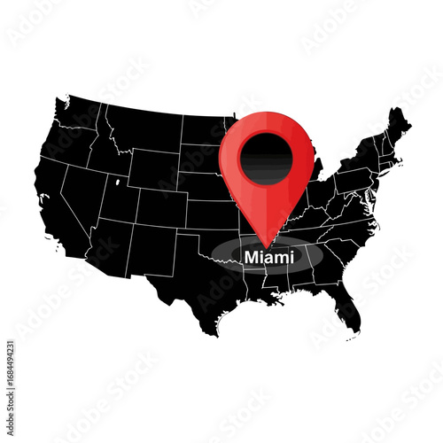 United States map highlighting Miami, Florida with a location pinpoint for web and graphic design