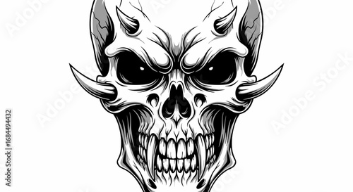 Dark Gothic Vector SVG Illustration of Skull with Horns in Black and White Minimalist Geometric Style for Tattoo Art and Heavy Metal Design