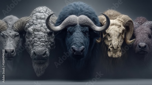Stylized Animal Heads in a Row Against Dark Background
