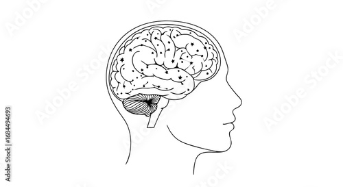 Minimalist Line Art SVG Illustration of Human Brain and Head Profile in Flat Design Style with Black and White Colors for Medical and Educational Use