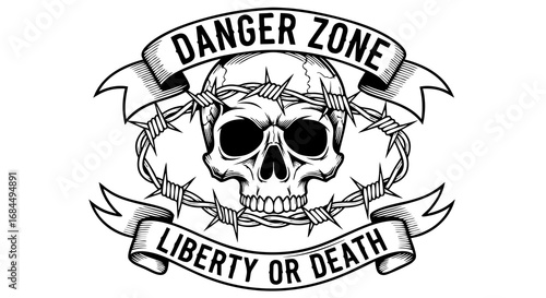 Black and White Vector SVG Icon of Skull with Barbed Wire and Ribbon Banners in Gothic Style for Heavy Metal Design