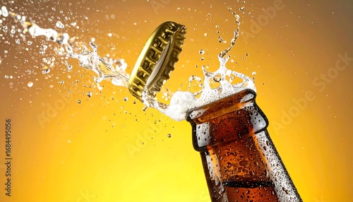 A golden bottle cap flies off a brown beer bottle, creating an exciting splash of water and foam in the warm yellow light.