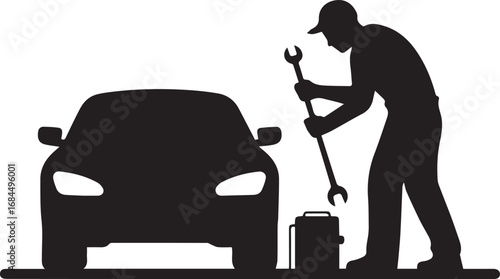 silhouette of a car repair with guitar