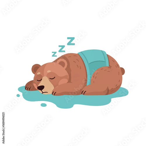 Cute Baby Bear Sleeping Peacefully in Diaper.