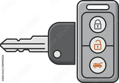 A modern car key with an attached remote control fob featuring lock, unlock, and trunk release buttons.