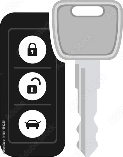 A modern car key and remote control fob with lock, unlock, and trunk release buttons in a flat vector illustration.