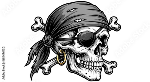 Bold Pirate Skull Vector SVG Illustration with Bandana and Eyepatch in Flat Design Style Featuring Monochrome Colors