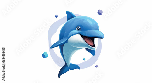 Cute blue dolphin jumping in water with bubbles.