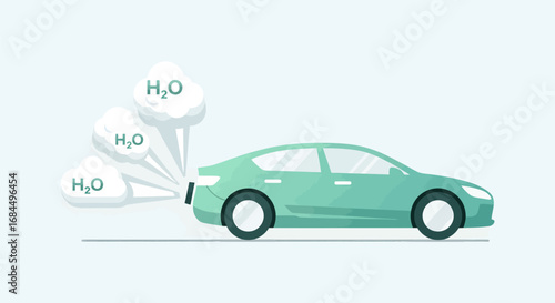 A green eco-friendly car driving and emitting clean water vapor (H₂O) from its exhaust pipe.