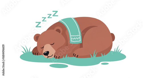 Cute brown bear sleeping peacefully on green grass.