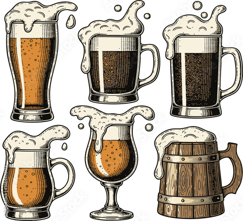 Variety of beer glasses and mugs overflowing with frothy beer are arranged in a vintage style, creating an inviting and celebratory atmosphere.