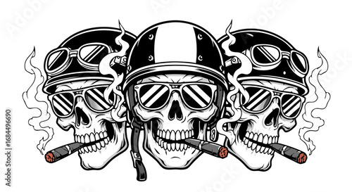 Vector SVG Illustration of Skull Helmets with Cigars in Modern Black and White Style for Edgy Design