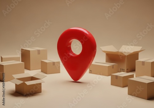 A prominent red location pin sits in the center surrounded by various cardboard boxes, some open, on a neutral background, highlighting delivery and placement
