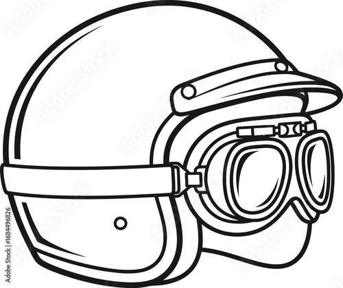 A black and white line art illustration of a vintage open-face motorcycle helmet with a peak and retro goggles.