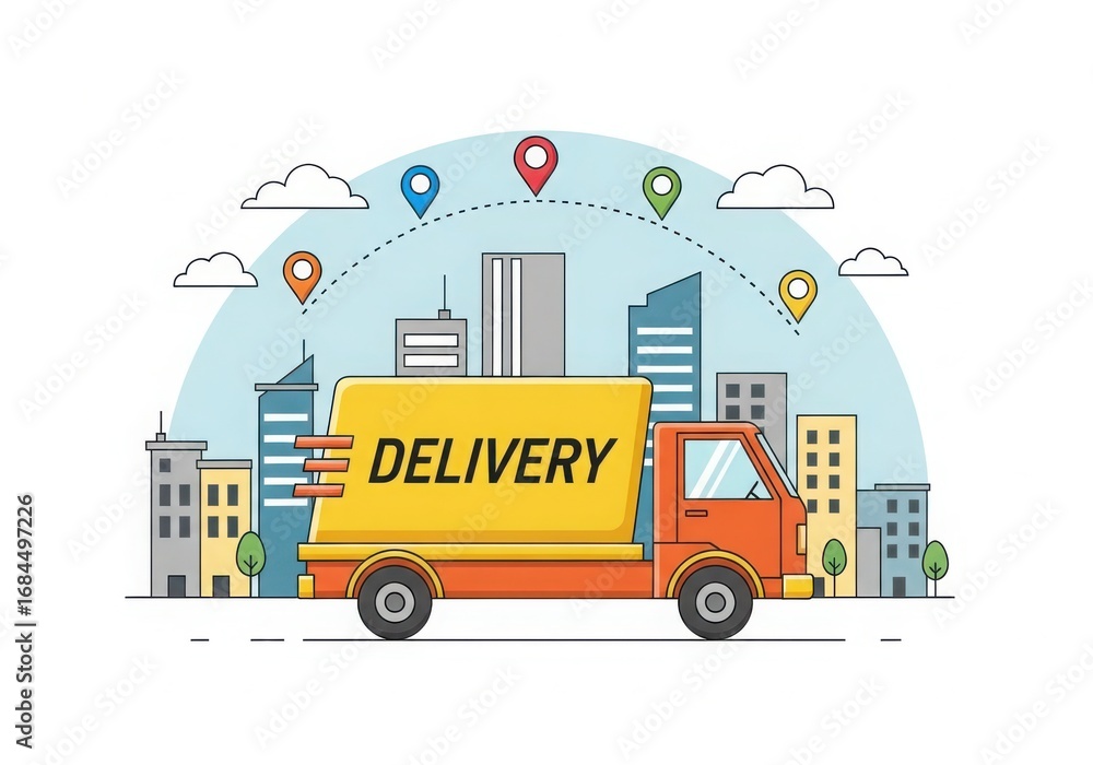 Fototapeta premium Orange delivery truck with the word delivery on its side driving through a city with buildings and location pins