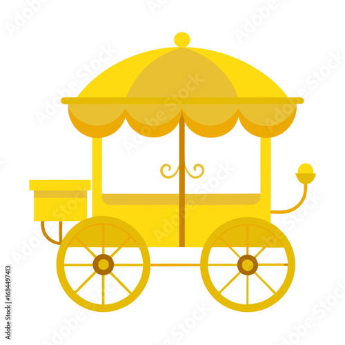 Yellow carriage with ornate canopy and spoked wheels transport vehicle vector on white background.