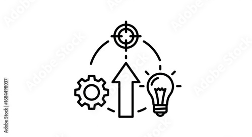 Business strategy development process icon showing idea gear target and growth for innovative solutions