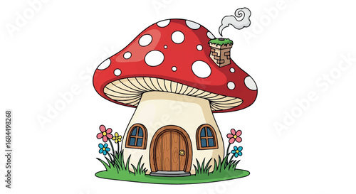 Cute Cartoon Mushroom House with Red Cap and White Spots.