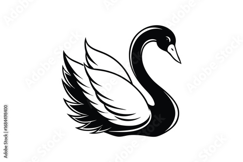 Elegant black swan silhouette with detailed feathers gracefully curved neck and beak isolated on white background