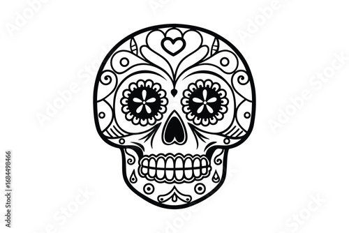 Intricate black and white day of the dead sugar skull silhouette with floral patterns isolated on white background