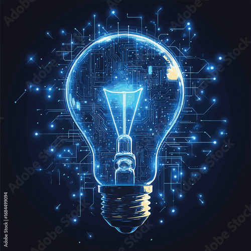 Smart tech innovation concept with glowing light bulb and digital circuit board, vector illustration , vector style simple color