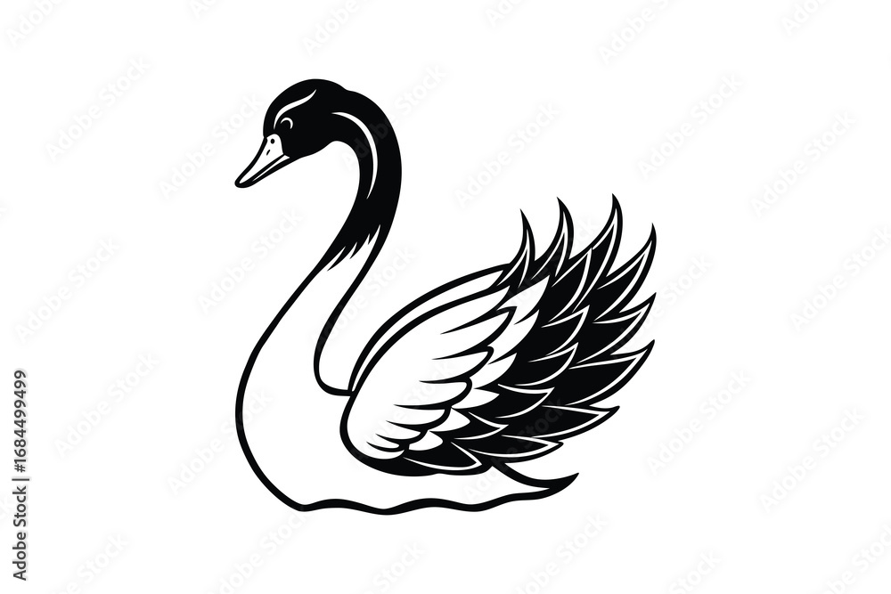 Obraz premium Elegant black and white silhouette of a graceful swan with detailed feathers isolated on white background