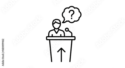 Speaker at podium with question mark speech bubble icon for presentation and public speaking concept