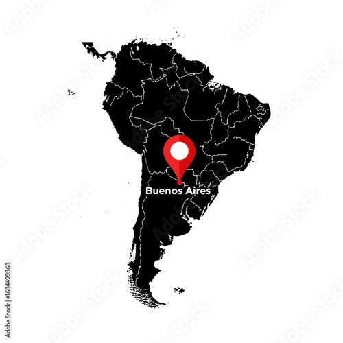 South American Continent Map with Buenos Aires Marked, A Modern and Minimalist Illustration