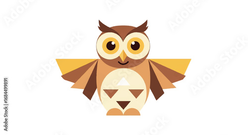 Cute geometric owl with spread wings on white background.