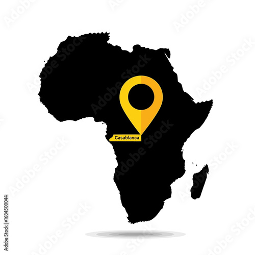 Africa map illustration featuring a golden map pointer pinpointing the city of Casablanca Morocco