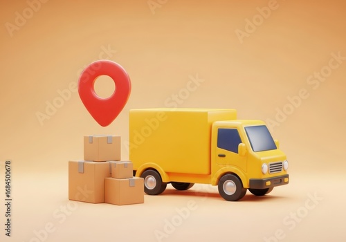 A 3d render of a yellow delivery truck with stacked boxes and a red location pin, symbolizing logistics and shipping services