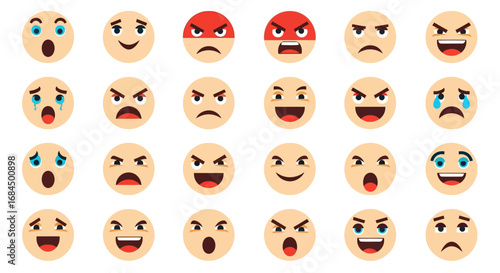 Collection of diverse facial expressions in the form of cartoon-style emojis creating a modern