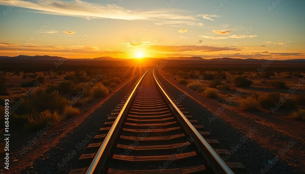 Fototapeta premium Golden sunset casts long shadows across rusty railway tracks winding through outback Australian landscape, rails, wilderness