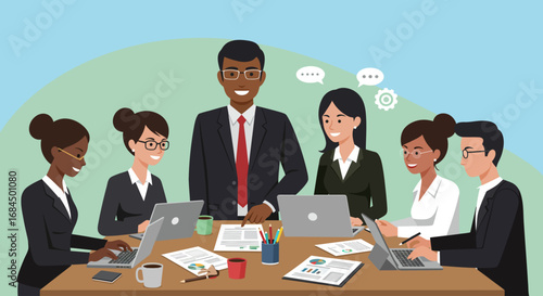 Corporate people in flat design, team collaboration, manager leading team, business partnership illustration