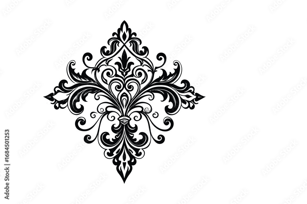 Intricate black ornate damask flourish design element in a symmetrical diamond shape silhouette isolated on white background