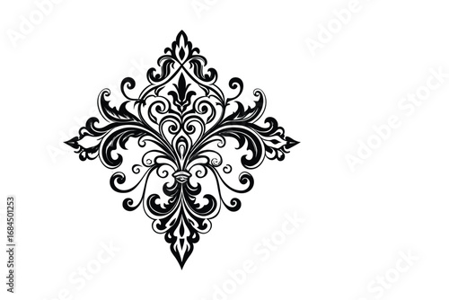 Intricate black ornate damask flourish design element in a symmetrical diamond shape silhouette isolated on white background