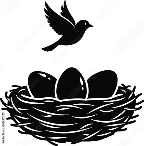 Bird flying above nest with eggs, symbol of spring, new life