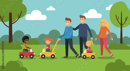 Flat vector illustration of children playing with push toys together with parents, family outdoor activity concept