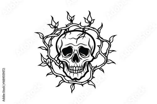 Detailed illustration of a cracked human skull entwined with thorny rose vines and buds presented as a striking silhouette isolated on white background