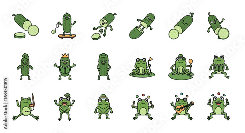 Collection of whimsical cartoon cucumber and frog characters showcasing various activities and