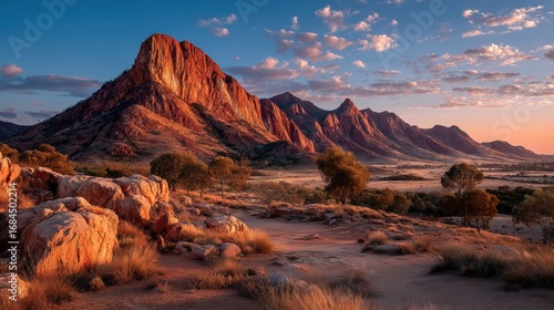 Sunrise Over Red Rock Mountain Range in Arid Landscape