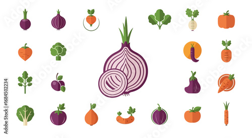 Assorted fresh garden vegetables flat icons set for healthy food concept design